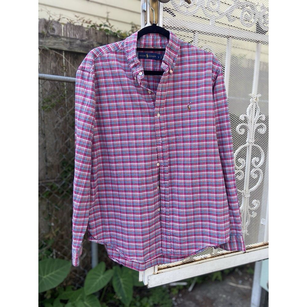 Ralph Lauren Shirt Mens Large Pink Plaid Colorful Cotton Long Sleeve Button Down